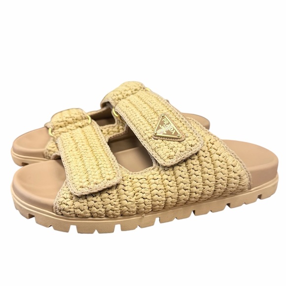 Prada Fussbett Raffia Double Band Tan Woven Slide Sandals - Picture 8 of 16